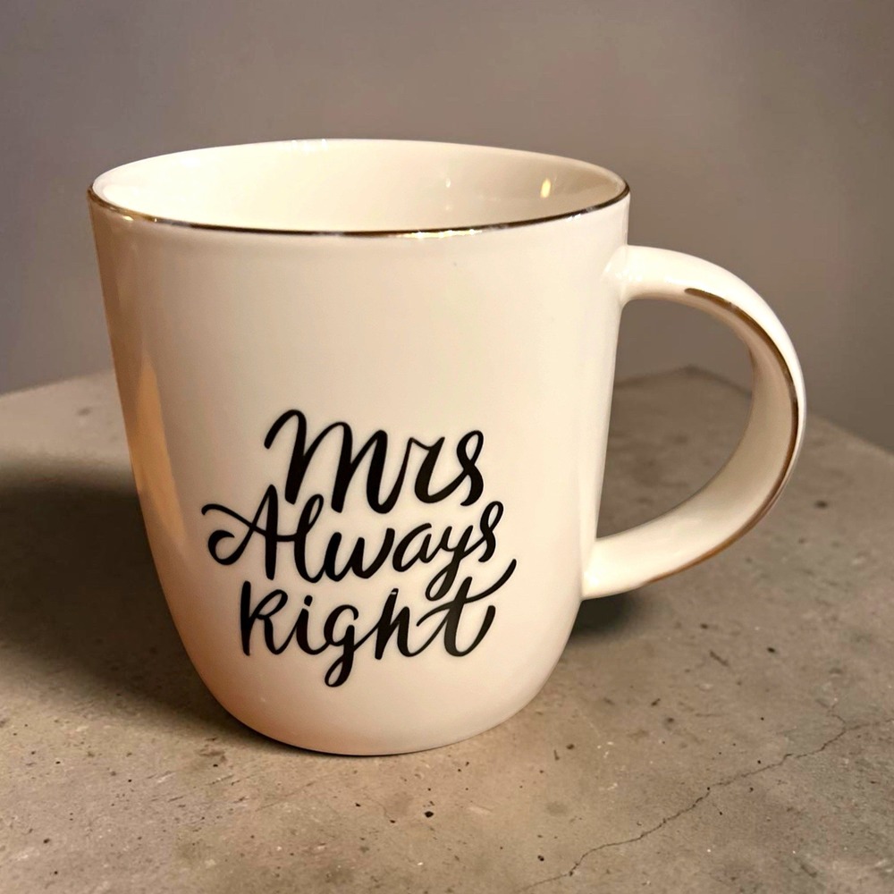 Gifffted Mrs Always Right Coffee Novelty Mug White Black Gold Rim 11oz Ceramic